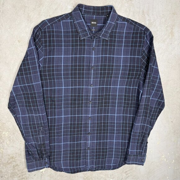 Hugo Boss Slim Fit Dress Shirt Check Blue Long Sleeve Cotton 17 1/2 XL - Picture 2 of 13